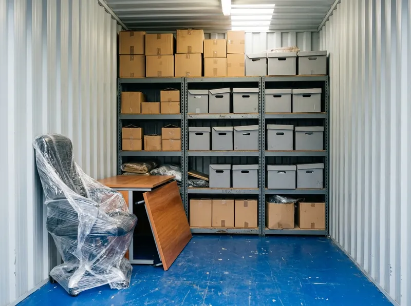 Estantes com caixas de produto e de arquivo numa box